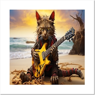 zombie cat playing guitar on beach Posters and Art